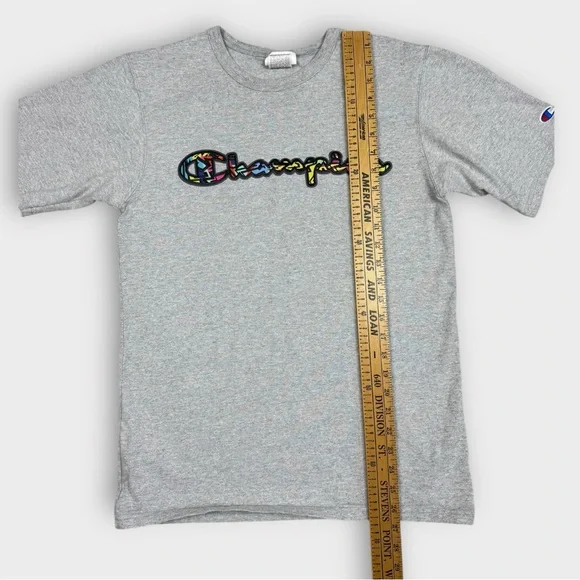 Champion Mens T-Shirt Medium Gray Colorful Graffiti Script Logo Short Sleeve Tee - Picture 6 of 7